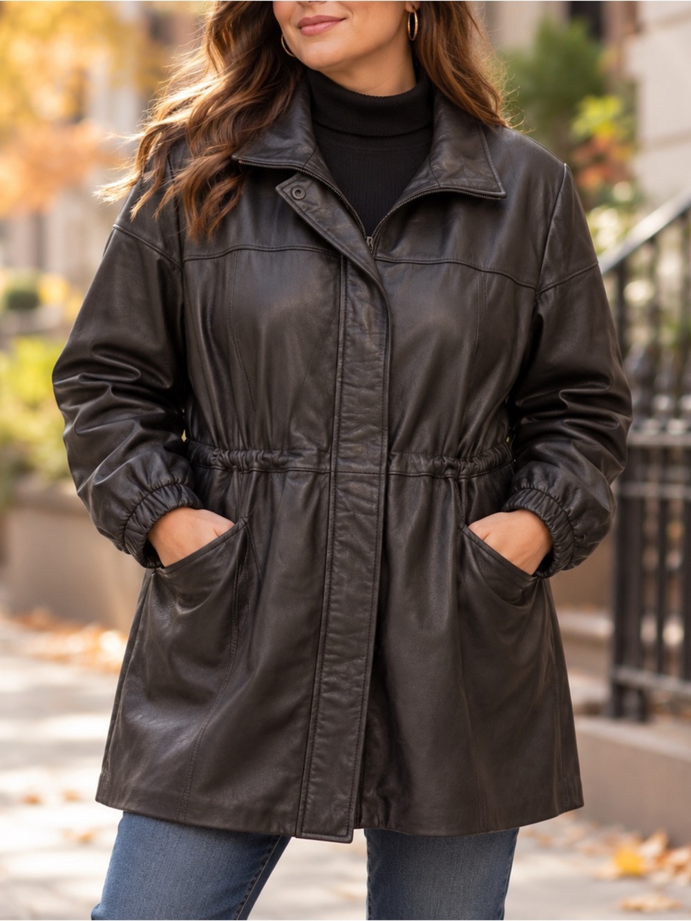 Vintage JLC New York Black Leather Car Coat Jacket XXL Drawstring Waist Y2K